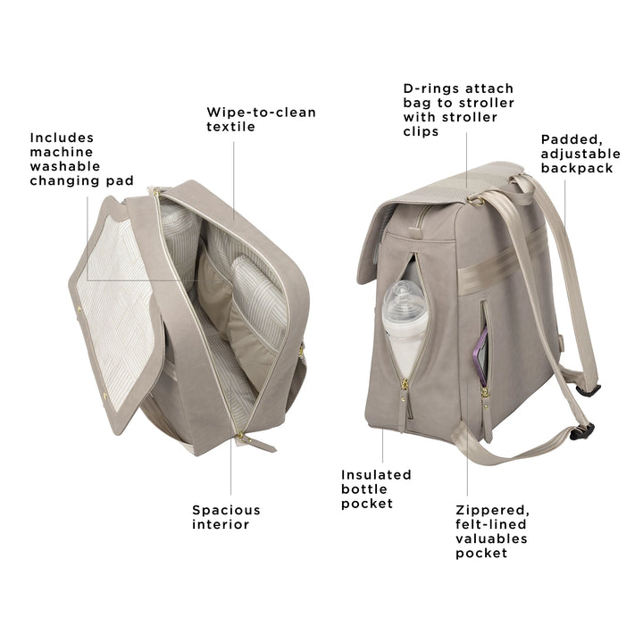 meta backpack in sand cable stitch. includes machine washable changing pad. wipe-to-clean textile. spacious interior. d-rings attach bag to stroller with stroller clips. padded, adjustable backpack. insulated bottle pocket. zippered, felt-lined valuables pocket