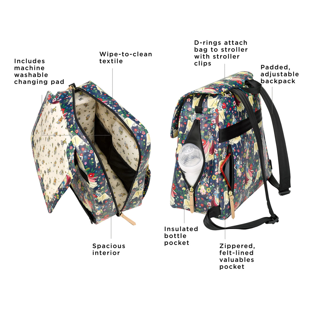 meta backpack in snow white's enchanted forest. includes machine washable changing pad. wipe-to-clean textile. spacious interior. d-rings attach bag to stroller with stroller clips. padded, adjustable backpack. insulated bottle pocket. zippered, felt-lined valuables pocket