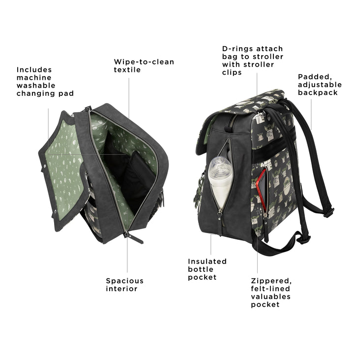 meta backpack in the child. includes machine washable changing pad. wipe-to-clean textile. spacious interior. d-rings attach bag to stroller with stroller clips. padded, adjustable backpack. insulated bottle pocket. zippered, felt-lined valuables pocket