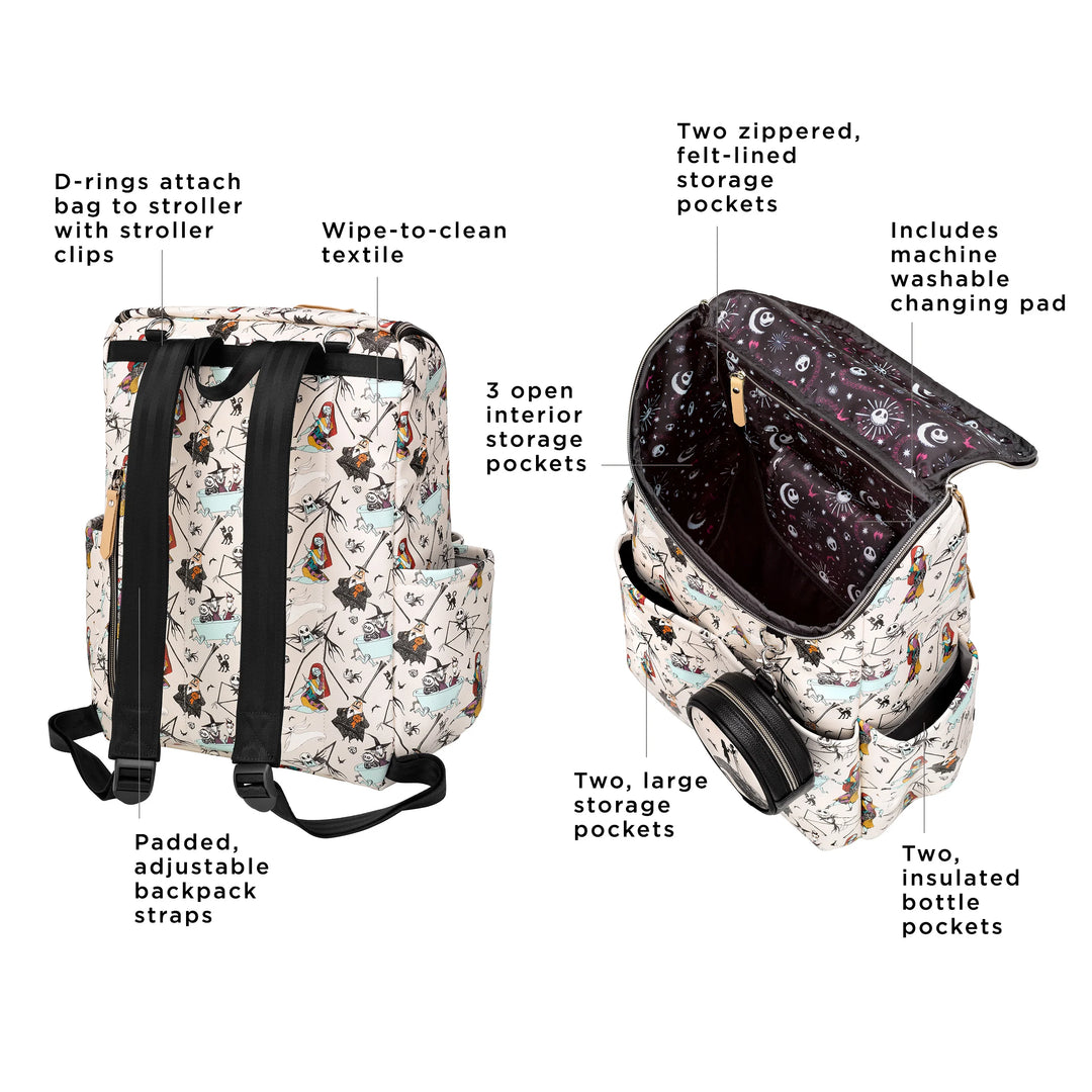 method backpack features: d-rings attach bag to stroller with stroller clips, wipe-to-clean textile, padded adjustable backpack straps. On the inside: two zippered felt-lined storage pockets, 3 open interior storage pockets, includes machines washable changing pad, two large storage pockets, and two insulated bottle pockets