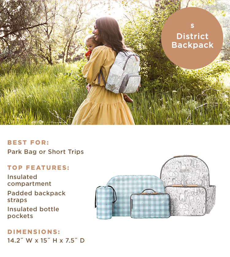 Small - District Backpack - Best For: Park Bag or Short Trips. Top Features: Insulated compartment, Padded backpack straps, Insulated bottle pockets. Dimensions: 14.2" W x 15" H x 7.5" D.