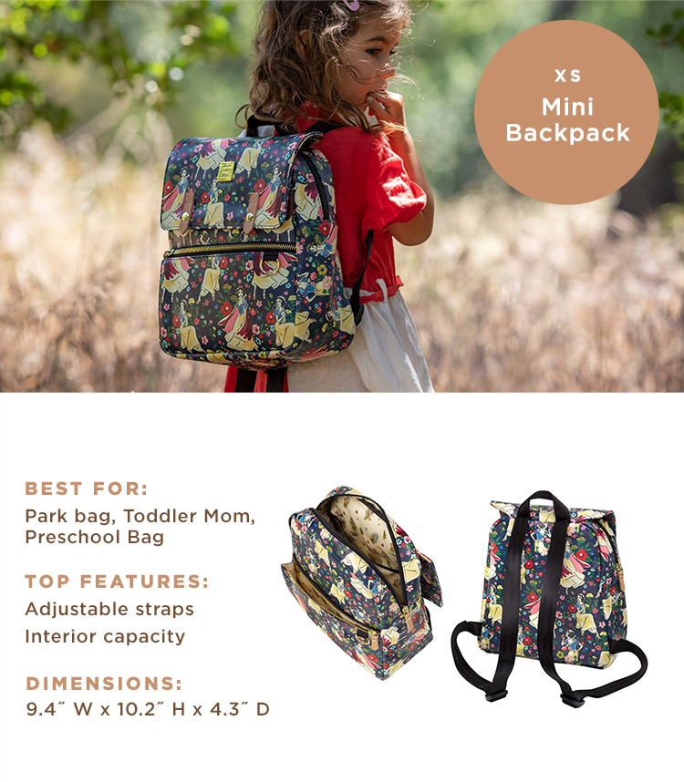 XS - Mini Backpack - Best For: Park bag, toddler mom, preschool bag. Top Features: Adjustable straps, interior capacity. Dimensions: 9.4" W x 10.2" H x 4.3" D.