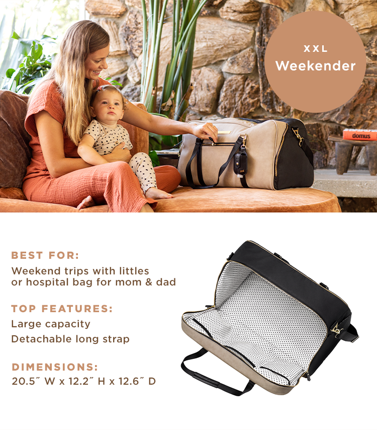 XXL - Weekender - Best For: Weekend trips with littles or hospital bag for mom & dad. Top Features: Large capacity, detachable long strap. Dimensions: 20.5" W x 12.2" H x 12.6" D.