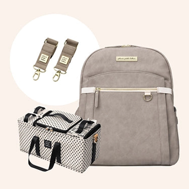 provisions backpack in grey matte leatherette, inter-mix deluxe kit, and valet stroller clips bundle