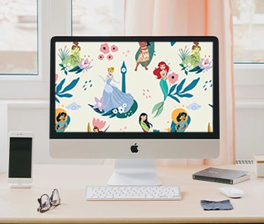 imac computer showing the pattern of the disney princess courage and kindness collection