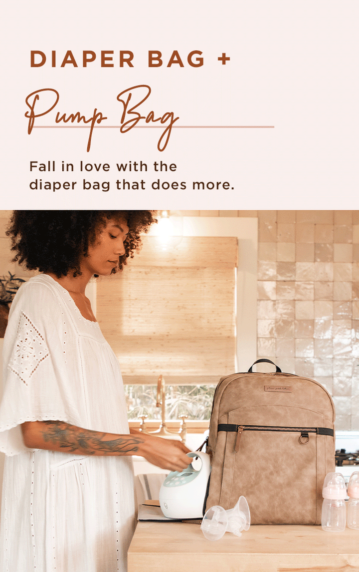 diaper bag + gym bag, travel bag, pump bag. fall in love with the diaper bag that does more. mom putting in breast pumper into the provisions backpack in brioche