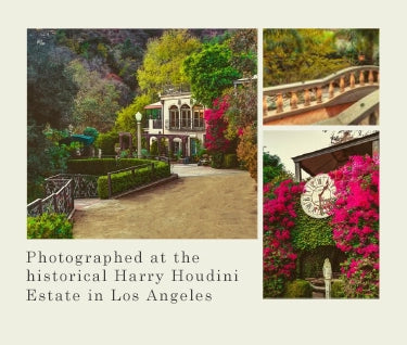 3 images of a castle and its features. photographed at the historical harry houdini estate in los angeles