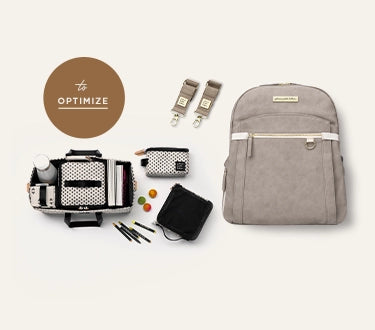 to optimize. provisions backpack bundle featuring the provisions backpack in grey matte leatherette, inter-mix deluxe kit in positive, and valet stroller clips in grey matte leatherette