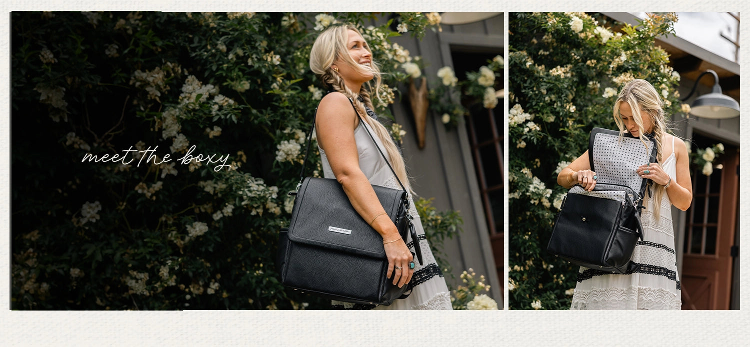 meet the boxy backpack in ebony - dark black with silver hardware shown worn by mom as a convertible shoulder bag 