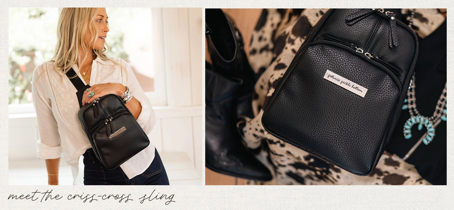 meet the criss-cross sling in ebony with shiny silver hardware worn as a purse and styled with western clothing