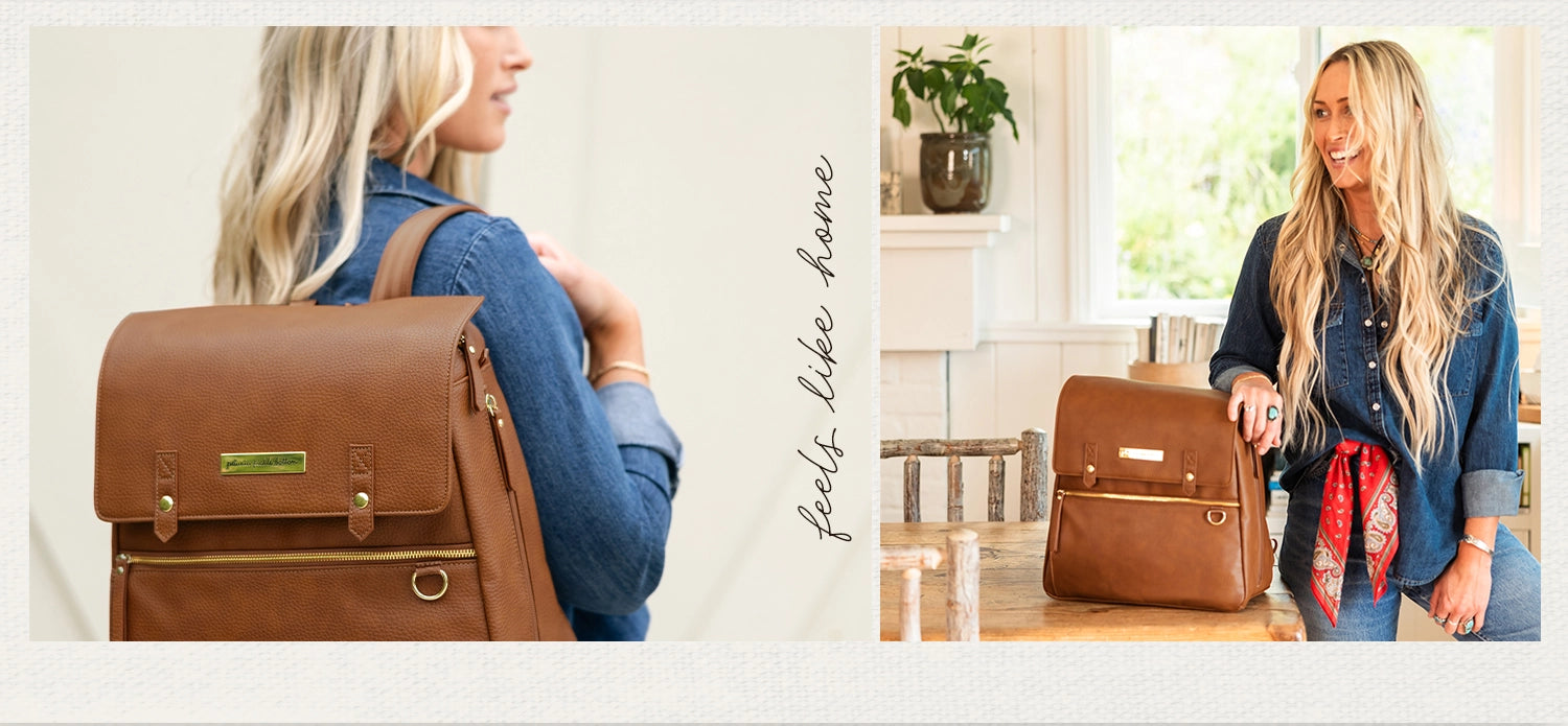 meet the meta backpack in cedar shown worn by trendy mom - feels like home