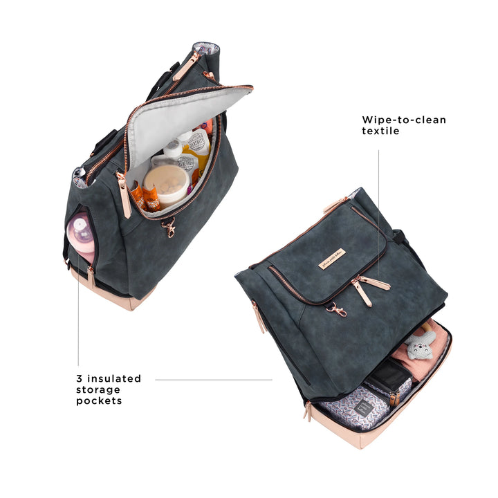 Pivot Pack in Indigo Blush. 3 insulated storage pockets. wipe-to-clean textile