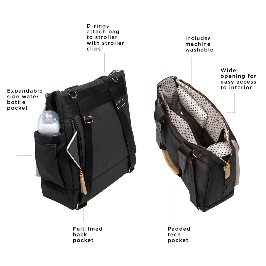 Pivot Pack in Black/Sand. d-rings attach bag to stroller with stroller clips. expandable side water bottle pocket. felt-lined back pocket. includes machine washable. wide opening for easy access to interior. padded tech pocket.