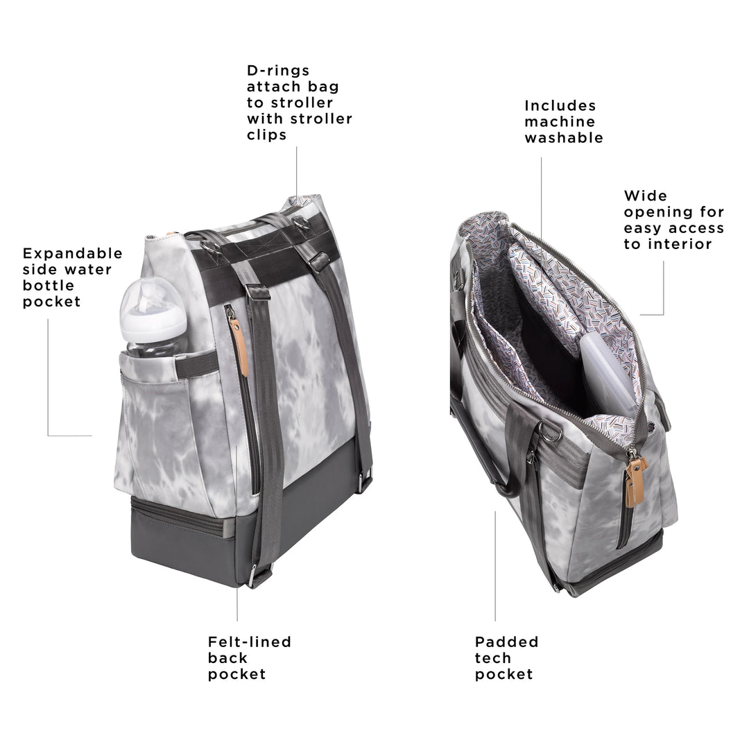 Pivot Pack in Smoke Swirl Tie Dye. d-rings attach bag to stroller with stroller clips. expandable side water bottle pocket. felt-lined back pocket. includes machine washable. wide opening for easy access to interior. padded tech pocket.