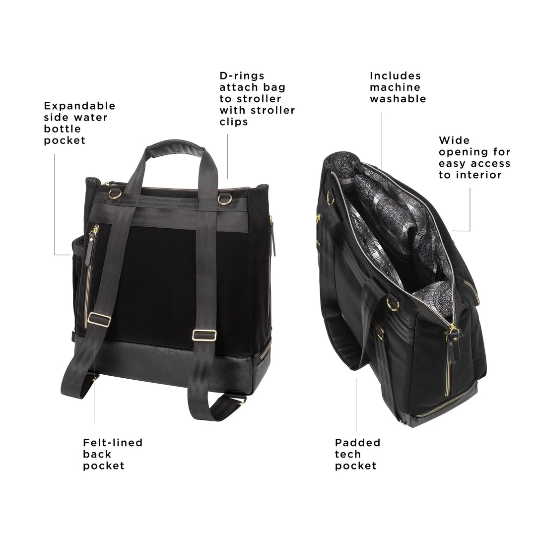 Pivot Pack in Twilight Black. d-rings attach bag to stroller with stroller clips. expandable side water bottle pocket. felt-lined back pocket. includes machine washable. wide opening for easy access to interior. padded tech pocket.