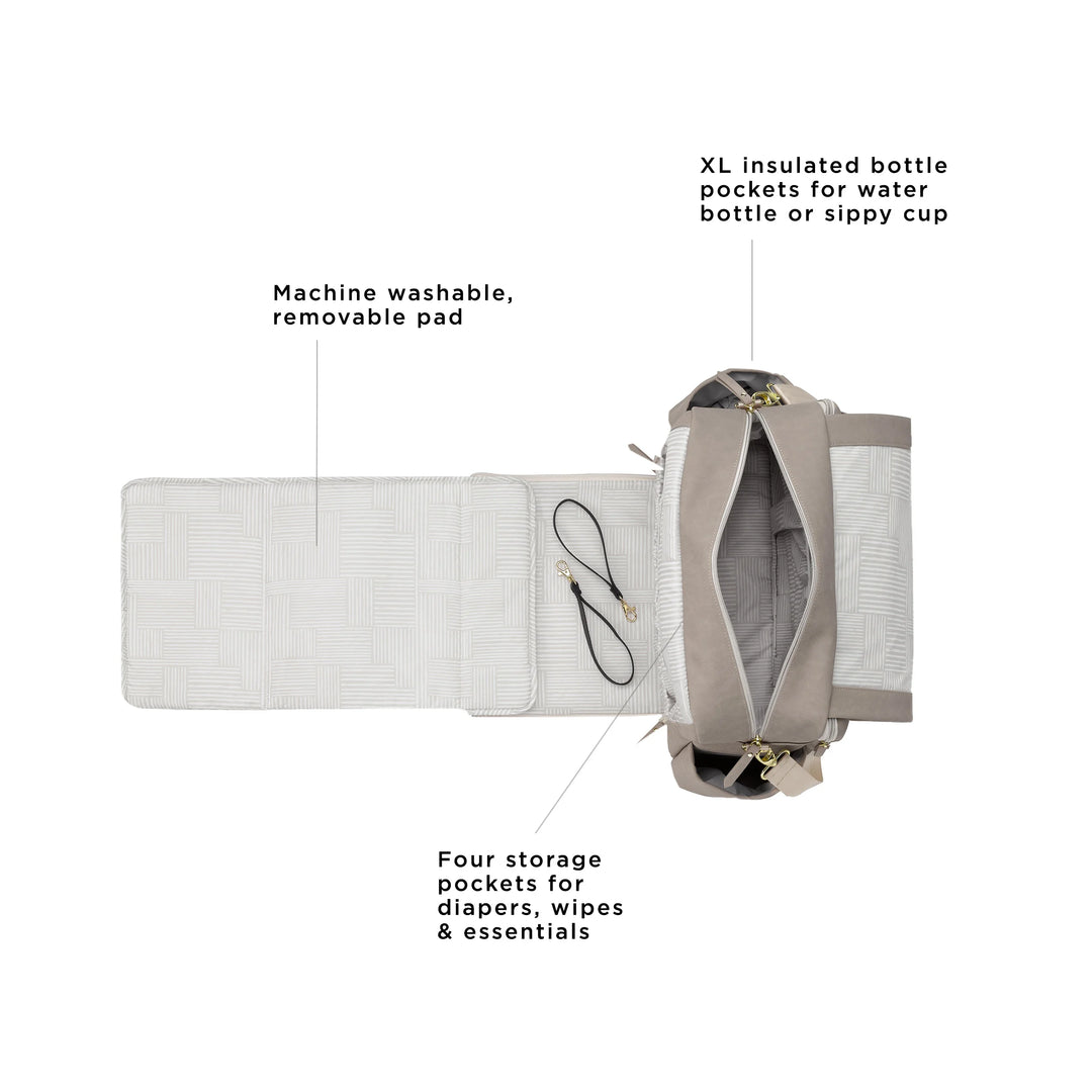 Boxy Backpack Deluxe in Sand Cable Stitch. XL insulated bottle pockets for water bottle or sippy cup. machine washable, removable pad, four storage pockets for diapers, wipes & essentials.