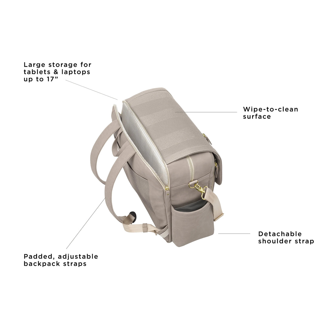 Boxy Backpack Deluxe in Sand Cable Stitch. large storage for tablets & laptops up to 17 inches. wipe-to-clean surface. padded, adjustable backpack straps. detachable shoulder strap