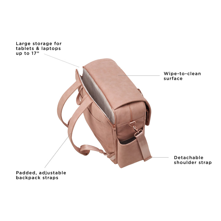 Boxy Backpack Deluxe in Toffee Rose. large storage for tablets & laptops up to 17 inches. wipe-to-clean surface. padded, adjustable backpack straps. detachable shoulder strap