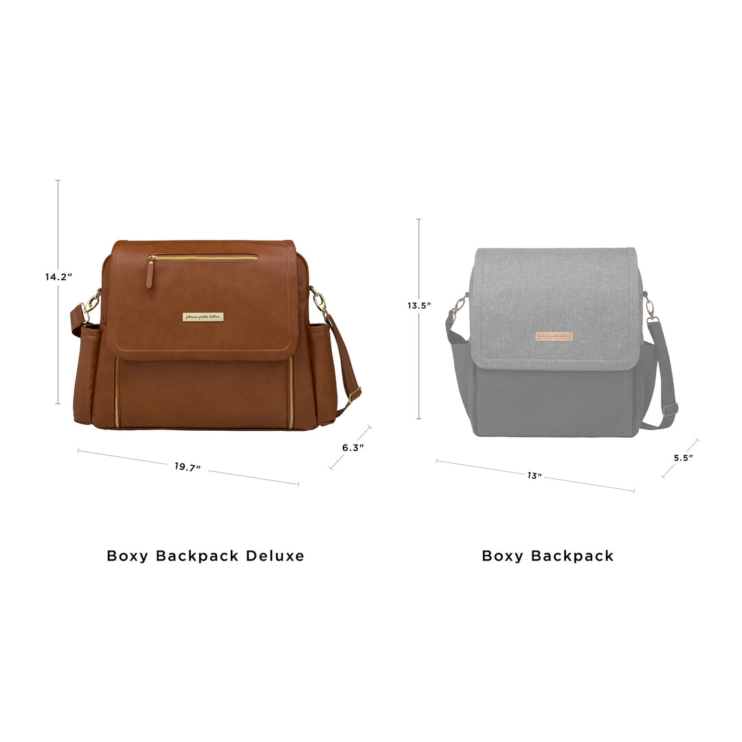 boxy backpack deluxe and boxy backpack size comparison. boxy backpack deluxe is 14.2 inches in height, 19.7 inches in width, 6.3 inches in length. the boxy backpack is 13.5 inches in height, 13 inches in wdith, 5.5 inches in length