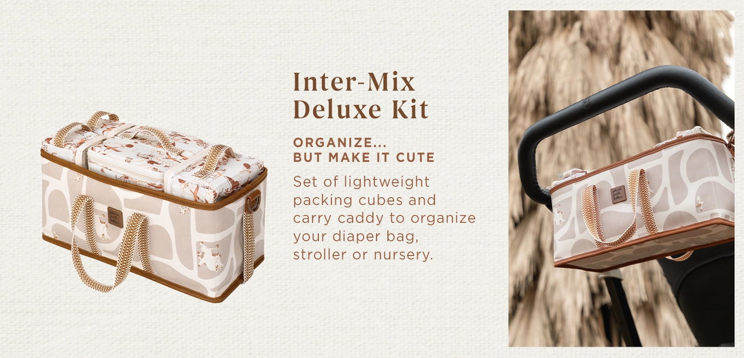 inter-mix deluxe kit. organize but make it cute. set of lightweight packing cubes and carry caddy to organize your diaper bag, stroller or nursery. pictured as a stroller caddy.