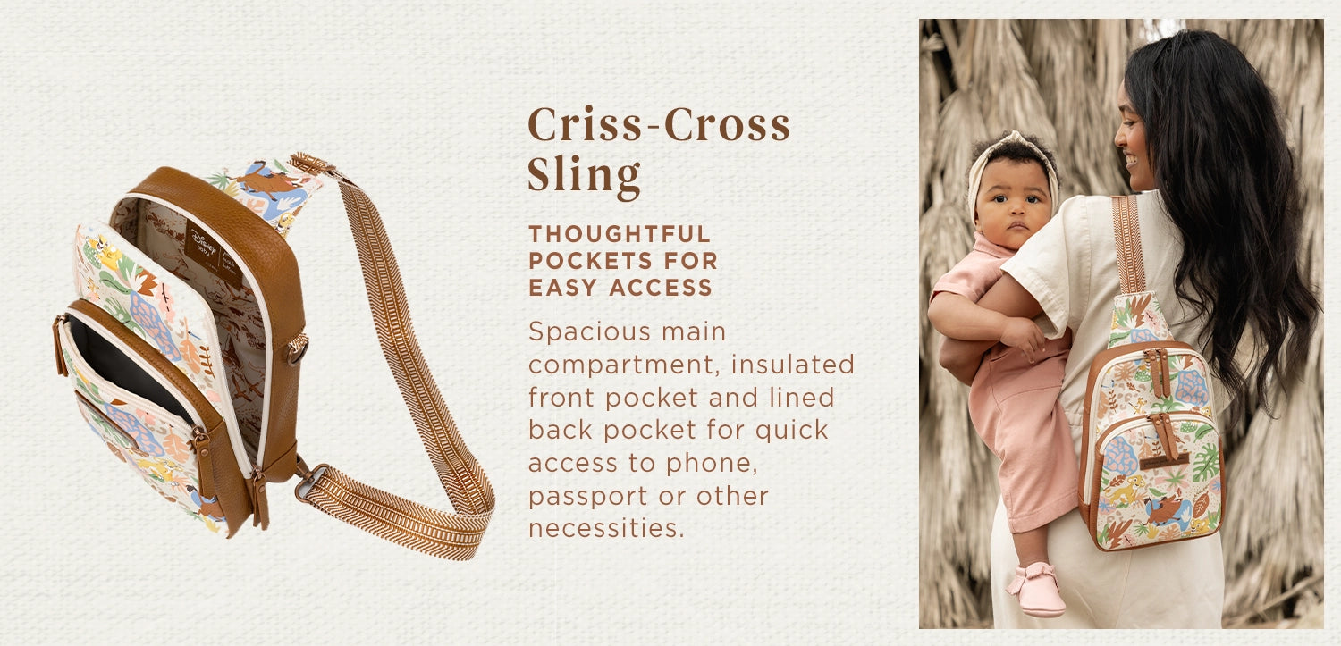 criss-cross sling thoughtful pockets for easy access. spacious main compartment, insulated front pocket and lined back pocket for quick access to phone, passport or other necessities. 