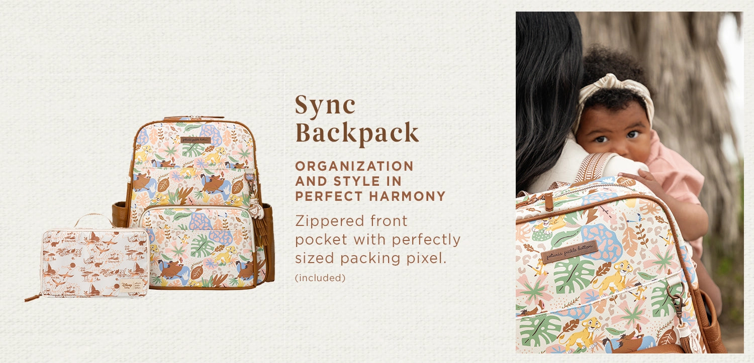 sync backpack organization and style in perfect harmony. zippered front pocket with perfectly sized packing pixel included.