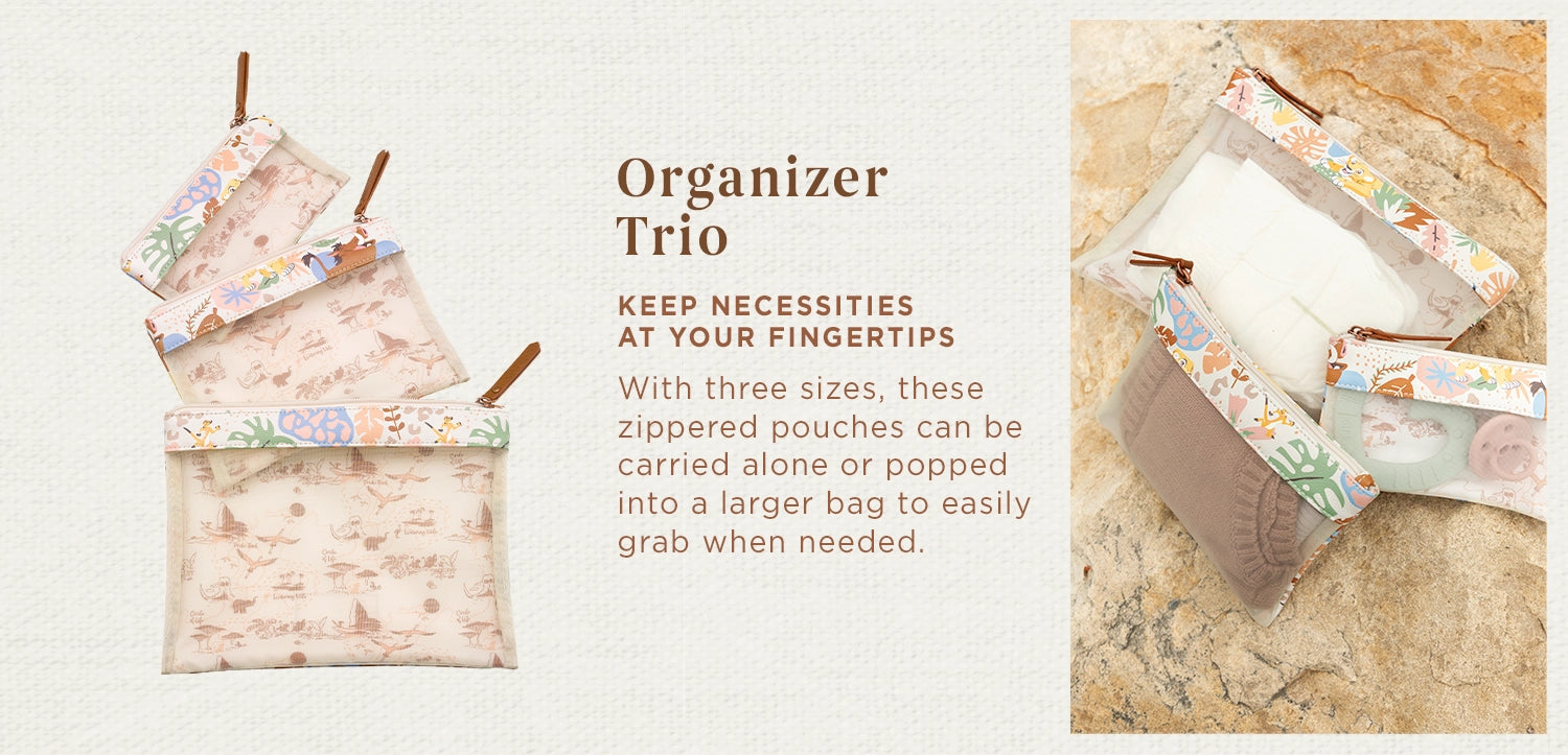 organizer trio. keep necessities at your fingertips. with three sizes, these zippered pouches can be carried alone or popped into a larger bag to easily grab when needed.