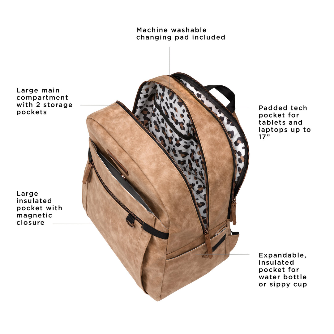 provisions backpack has a large insulated pocket with magnetic closure, large main compartment with 2 storage pockets, machine washable changing pad included, padded tech pocket for tablets and laptops up to 17 inches, and expandable insulated pocket for water bottle or sippy cup