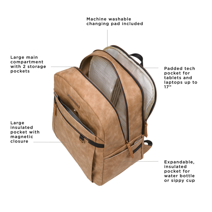 provisions backpack has a large insulated pocket with magnetic closure, large main compartment with 2 storage pockets, machine washable changing pad included, padded tech pocket for tablets and laptops up to 17 inches, and expandable insulated pocket for water bottle or sippy cup