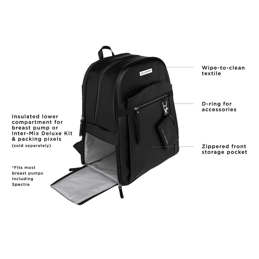 provisions backpack features wipe-to-clean textile, insulated lower compartment for breast pump, d-ring for accessories, zippered front storage pocket