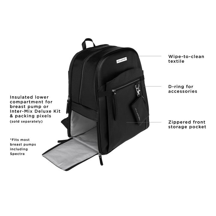 provisions backpack features wipe-to-clean textile, insulated lower compartment for breast pump, d-ring for accessories, zippered front storage pocket