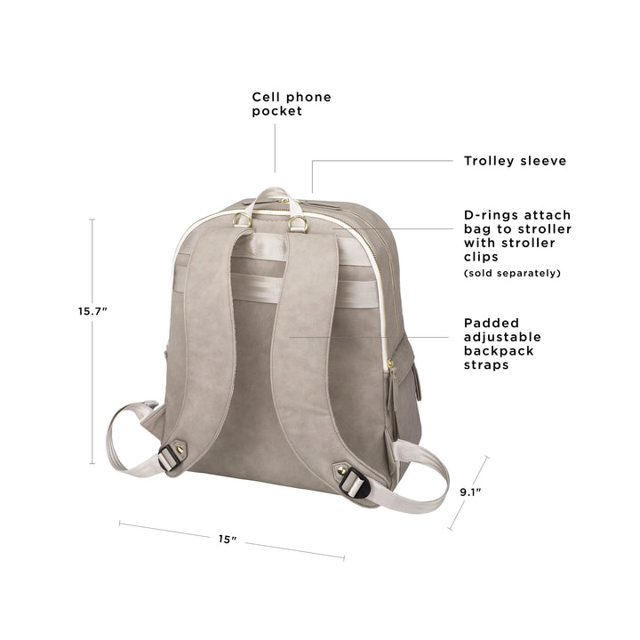 provisions backpack features cell phone pocket, trolley sleeve, d-rings and padded straps. 15.7 inches in height, 9.1 inches in width, and 15 inches in length