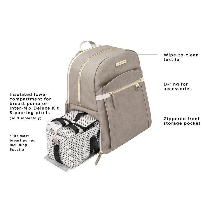 provisions backpack features wipe-to-clean textile, insulated lower compartment for breast pump, d-ring for accessories, zippered front storage pocket