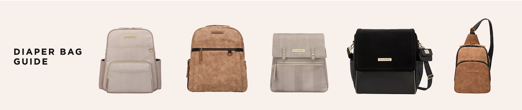diaper bag guide. featuring the sync backpack in grey matte cable stitch, provisions backpack in brioche, meta backpack in sand cable stitch, boxy backpack in twilight black, and criss-cross sling in brioche