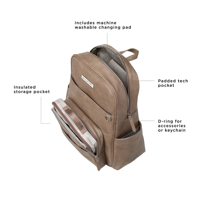 Sync Backpack interior features includes machine washable changing pad, padded tech pocket, d-ring for accessories or keychain, insulated storage pocket