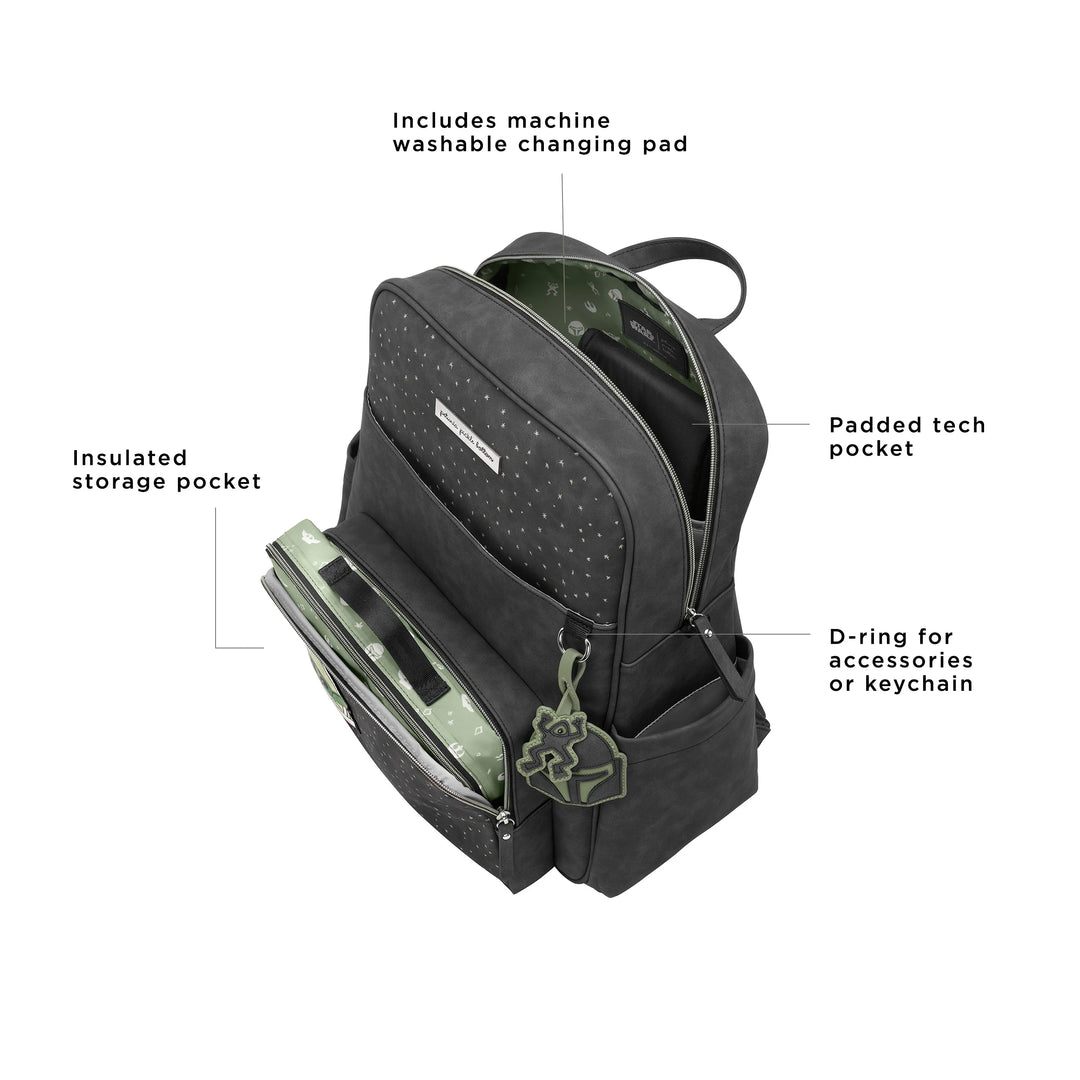 Sync Backpack interior features includes machine washable changing pad, padded tech pocket, d-ring for accessories or keychain, insulated storage pocket