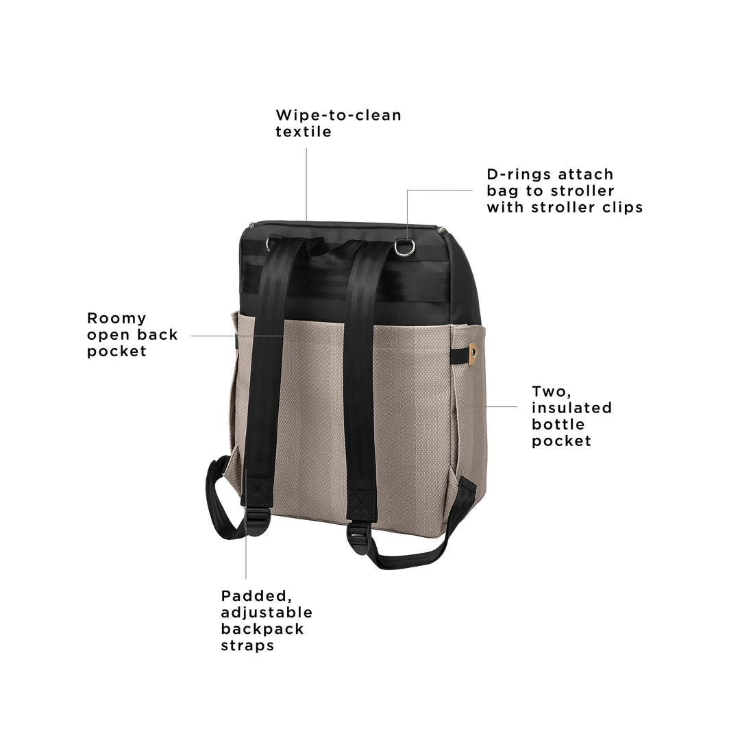 tempo backpack has a wipe to clean textile, roomy open back pocket, padded adjustable backpack straps, d rings attach bag to stroller with stroller clips, and two insulated bottle pocket