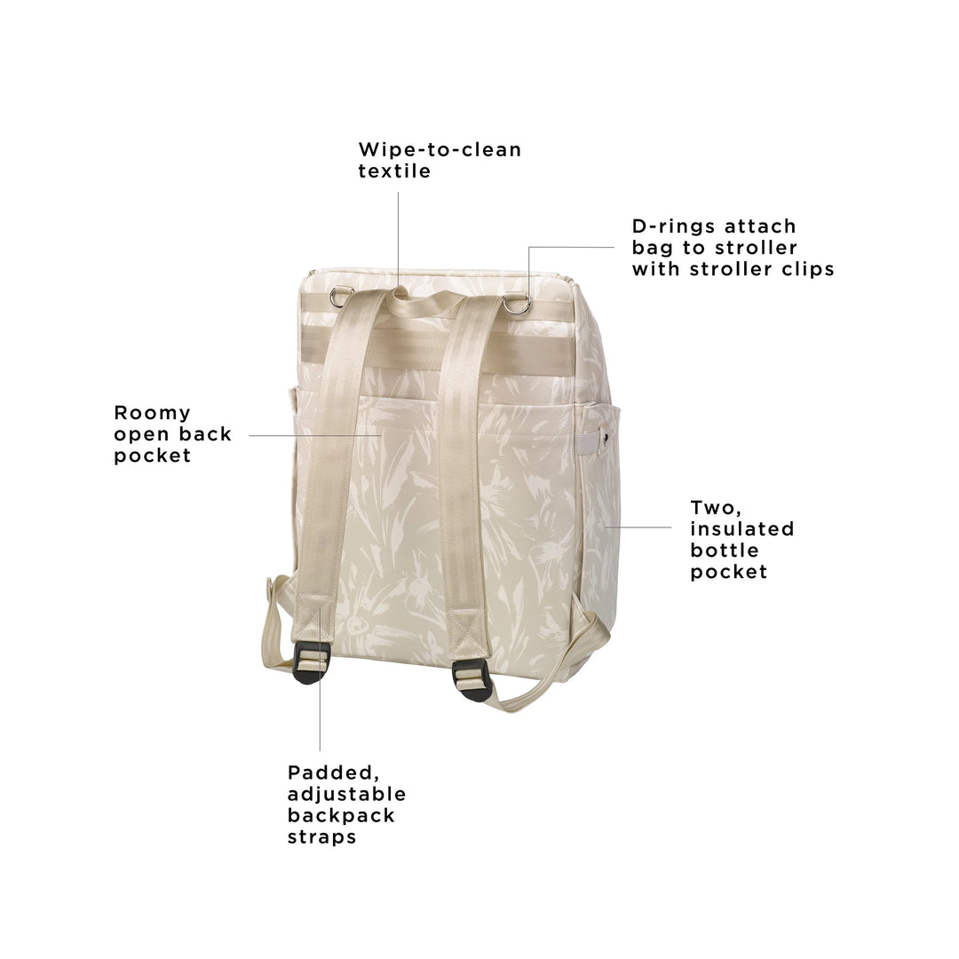 tempo backpack has a wipe to clean textile, roomy open back pocket, padded adjustable backpack straps, d rings attach bag to stroller with stroller clips, and two insulated bottle pocket