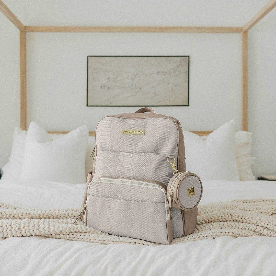 sync backpack in grey matte cable stitch with the petite porter grey matte cable stitch