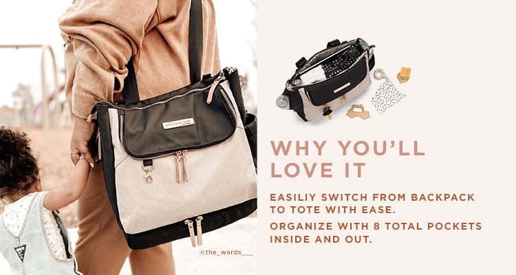 why you'll love it, easily switch from backpack to tote with ease. organize with 8 total pockets inside and out. mom holding hands with baby while wearing the pivot pack in black/sand