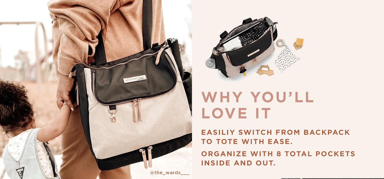 why you'll love it, easily switch from backpack to tote with ease. organize with 8 total pockets inside and out. mom holding hands with baby while wearing the pivot pack in black/sand