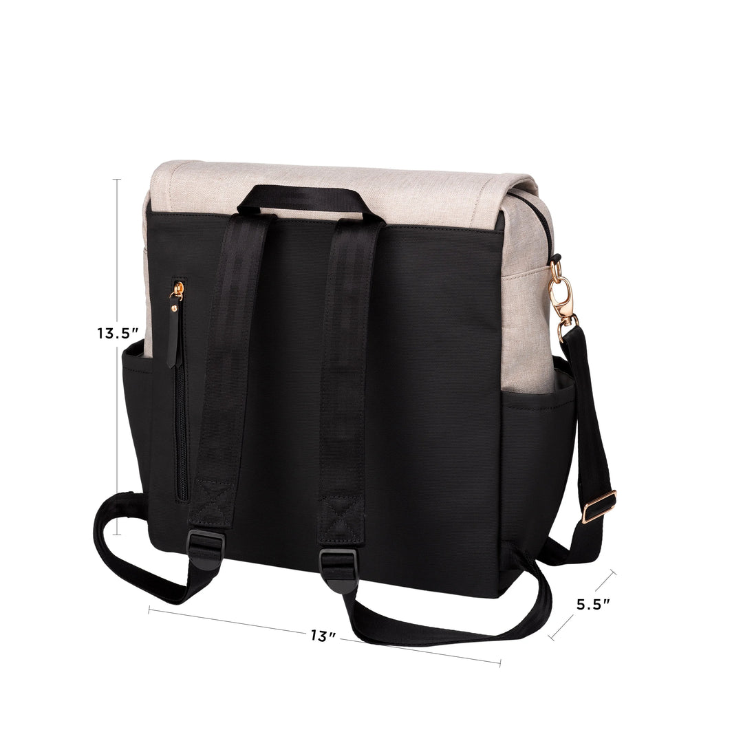 boxy backpack in sand/black. 13.5 inches in height, 5.5 inches in width and 13 inches in length