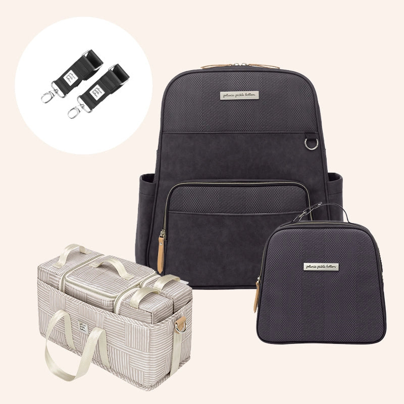 Sync Backpack in Carbon Cable Stitch, Deluxe Kit, Tandem Tote & Stroller Clips Bundle