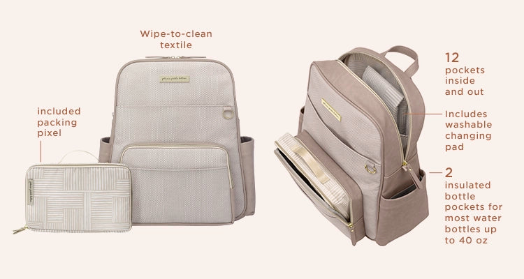 sync backpack in grey matte cable stitch. included packing pixel, wipe-to-clean textile, 12 pockets inside and out, includes washable changing pad, 2 insulated bottle pockets for most water bottles up to 40ox