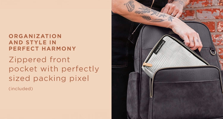 organization and style in perfect harmony zippered front pocket with perfectly sized packing pixel (included)