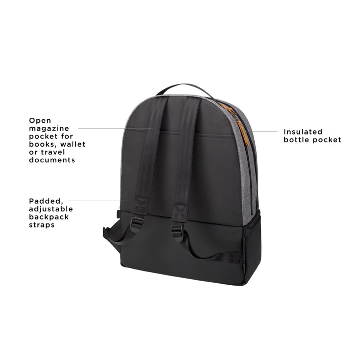 axis backpack has open magazine pocket for books, wallet or travel documents. padded, adjustable backpack straps. insulated bottle pocket