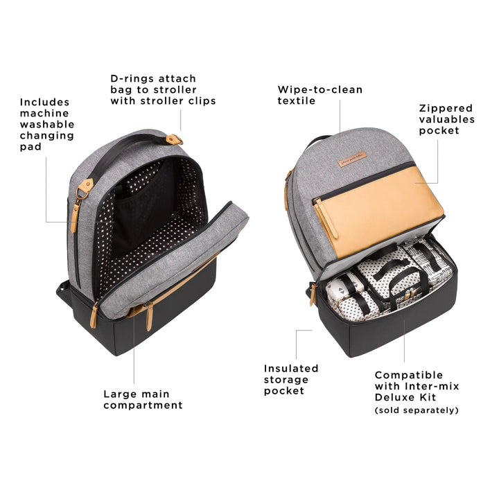 axis backpack includes machine washable changing pad. d-rings attach bag to stroller with stroller clips. large main compartment. wipe-to clean textile. zippered valuables pocket. insulated storage pocket. compatible with inter-mix deluxe kit (sold separately).