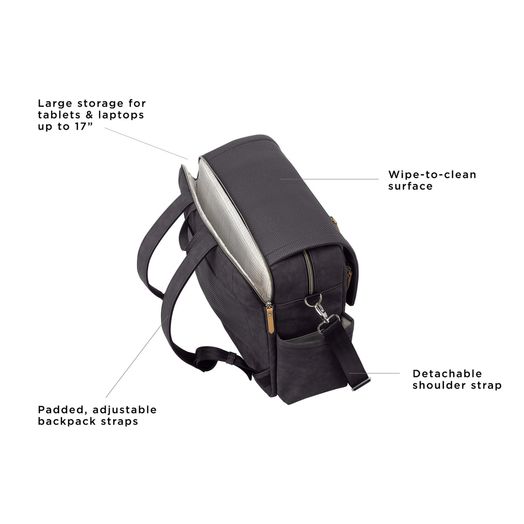 Boxy Backpack Deluxe in Carbon Cable Stitch. large storage for tablets & laptops up to 17 inches. wipe-to-clean surface. padded, adjustable backpack straps. detachable shoulder strap