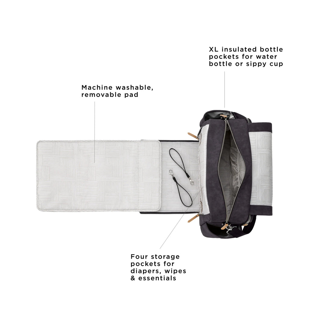 Boxy Backpack Deluxe in Carbon Cable Stitch. XL insulated bottle pockets for water bottle or sippy cup. machine washable, removable pad, four storage pockets for diapers, wipes & essentials.