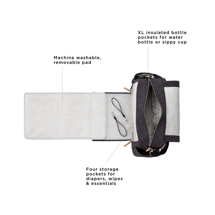 Boxy Backpack Deluxe in Carbon Cable Stitch. XL insulated bottle pockets for water bottle or sippy cup. machine washable, removable pad, four storage pockets for diapers, wipes & essentials.